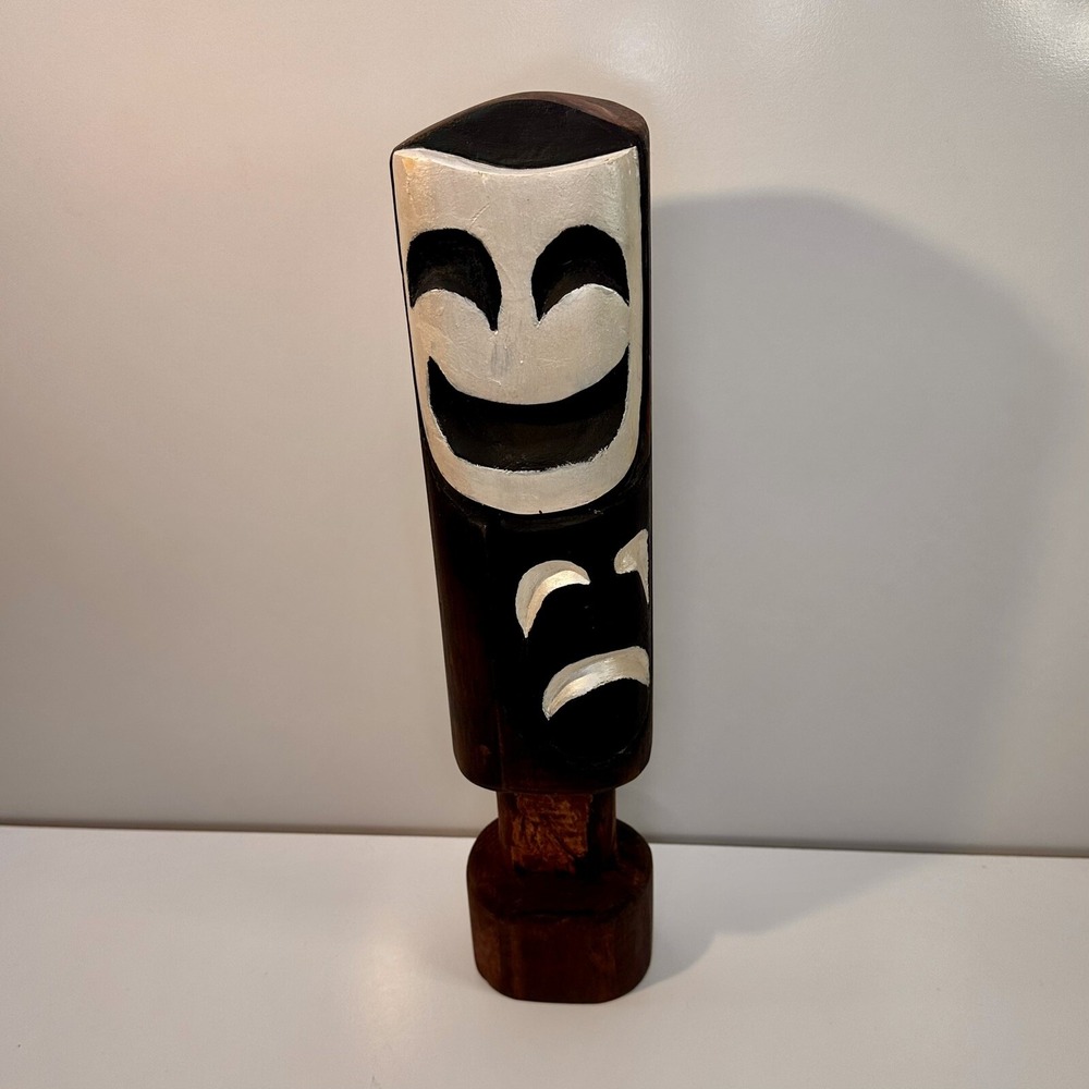 Hand Carved Theater Mask Tiki Totem Wood Painted Drama Teacher Gift Actor 15x3.5